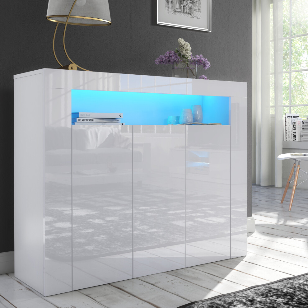 Furneo ( Led Lights) 3-Door Sideboard Cabinet Cupboard Gloss & Matt Clifton04 Led Lights White