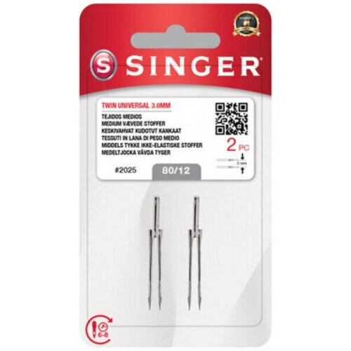 Singer Singer 2025 Twin Universal Sewing Machine Needles 3.0mm 80/12 (2-Pack) with Large Needle Threader 1