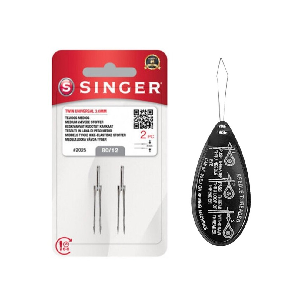 Singer 2025 Twin Universal Sewing Machine Needles 3.0Mm 80/12 (2-Pack) With Large Needle Threader
