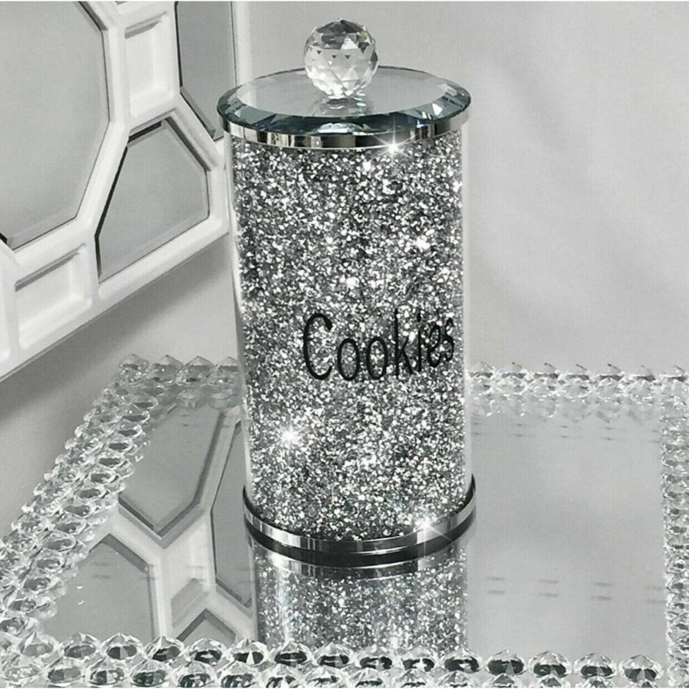 XXL COOKIE JAR TIN  GLASS KITCHEN DIAMOND SPARKLY SILVER CRUSHED