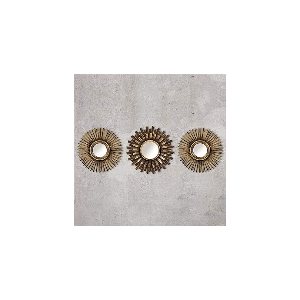3pc Shabby Chic Round Sunburst Wall Mirrors In Distressed Gold