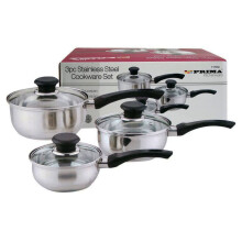 Prima 3-Piece Stainless Steel Saucepan Set with Glass Lids - 14, 16 & 18 cm, Mirror Finish, Bakelite Handles, Encapsulated Bottom