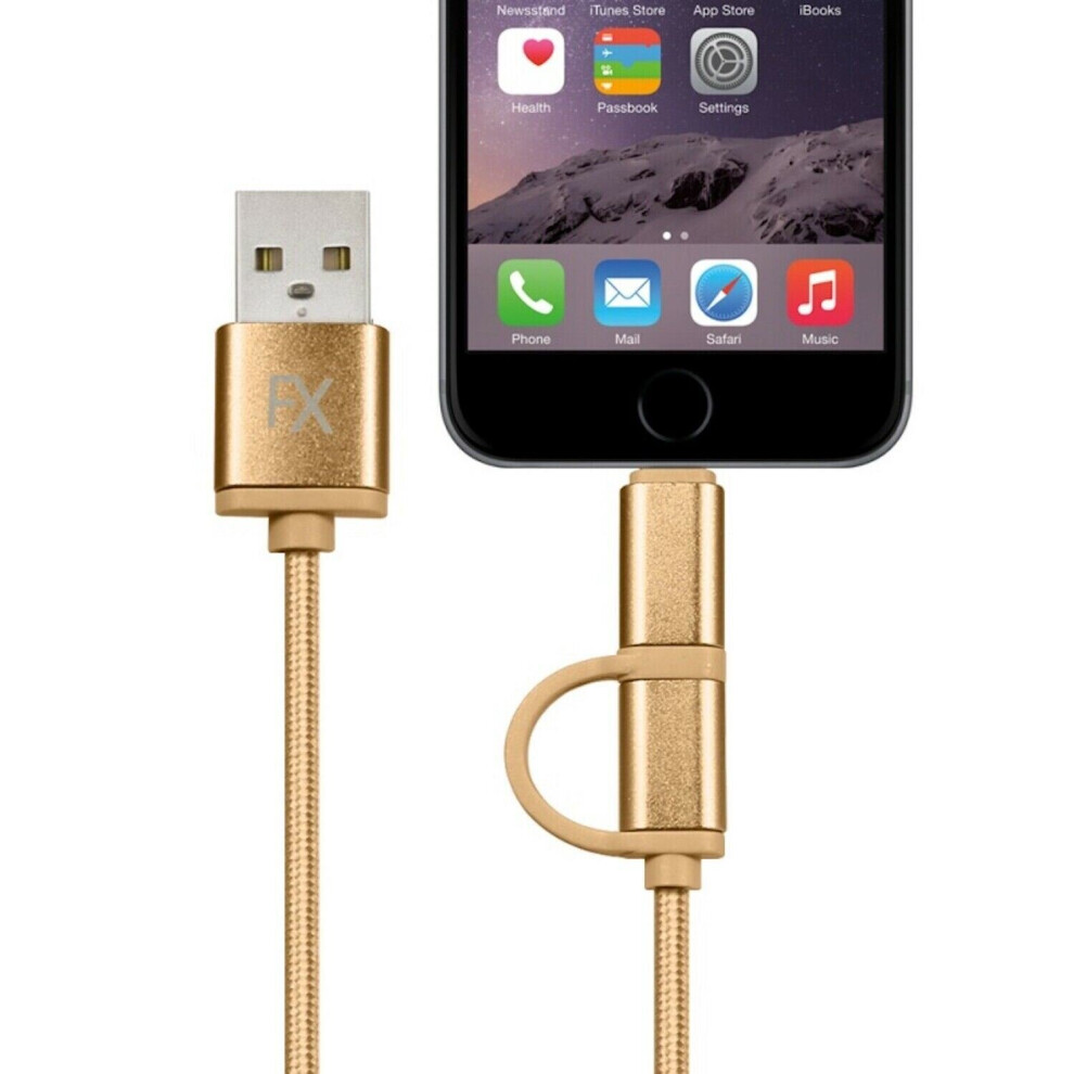 - Fx Powabud Nylon Braided Usb Cable With 2 In 1 Dual Lightning Connector CordGold - Image 2
