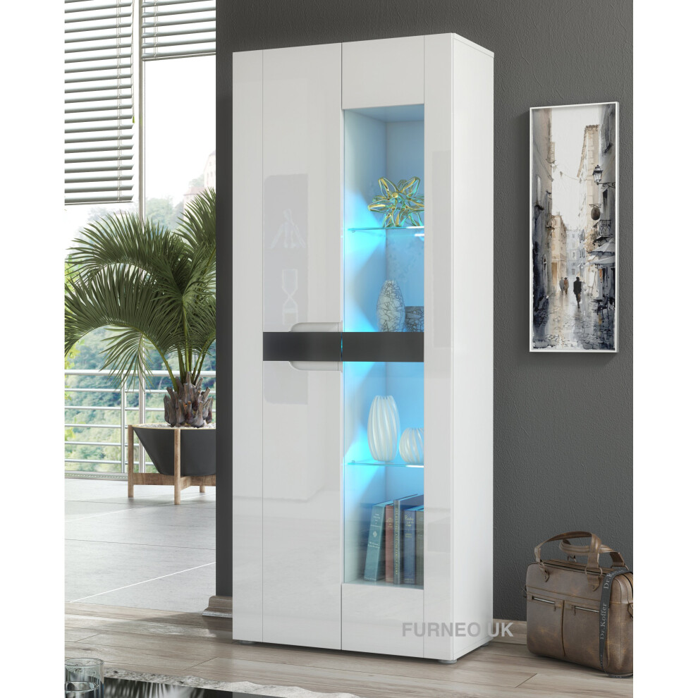 (Blue LED Lights) White 2-Door Display Cabinet Cupboard Gloss & Matt Milano08 LED Lights