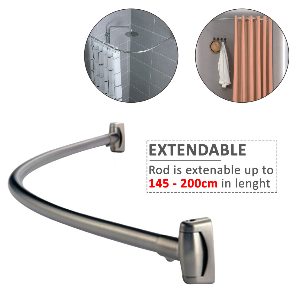 Extendable CURVED CHROME SHOWER RAIL ROD 120-220cm with Metal Brackets and Fittings