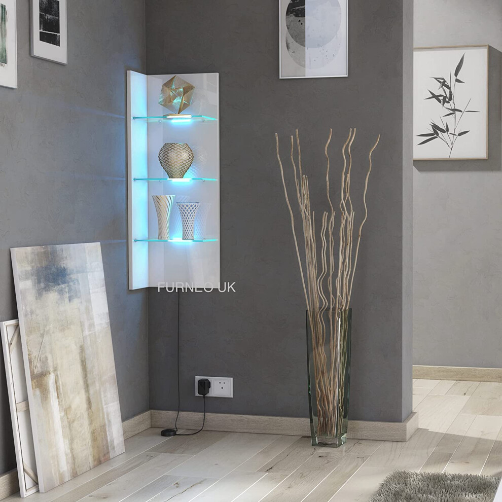 Furneo (Blue Led Lights) White Floating Display Cabinet Wall Unit Shelf Gloss & Matt Clifton09 Led Lights Blue,White