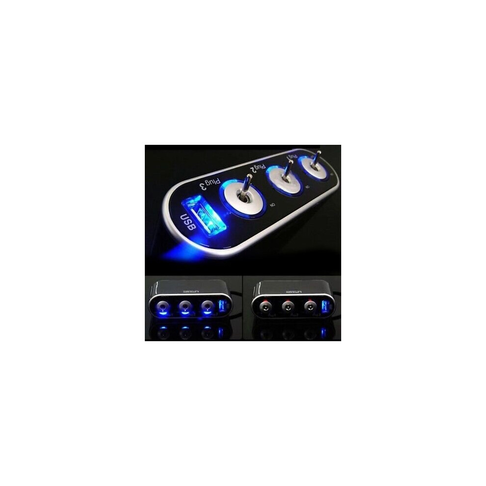 Universal Car USB Port 3 Way Cigarette Lighter Charger Splitter Car Charger Power Adapter Outlet DC 12V + LED Light Switch