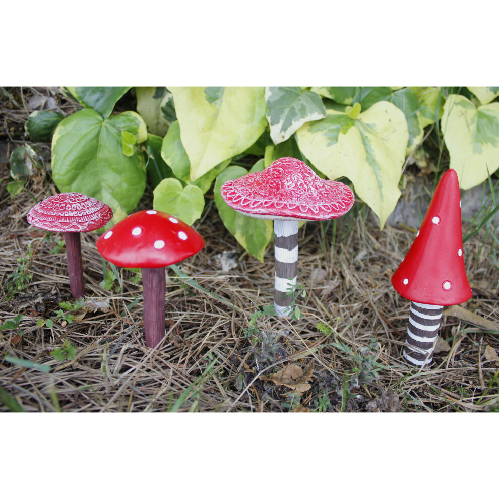 Set of 4 Miniature Red Garden Mushroom Ornaments Resin Outdoor Indoor