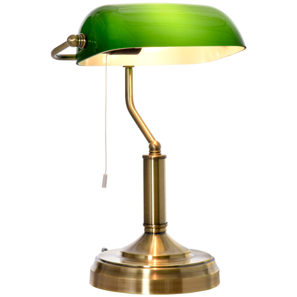 Homcom Banker's Table Lamp W/ Bronze Base, Green Glass Shade, Pull Rope Switch