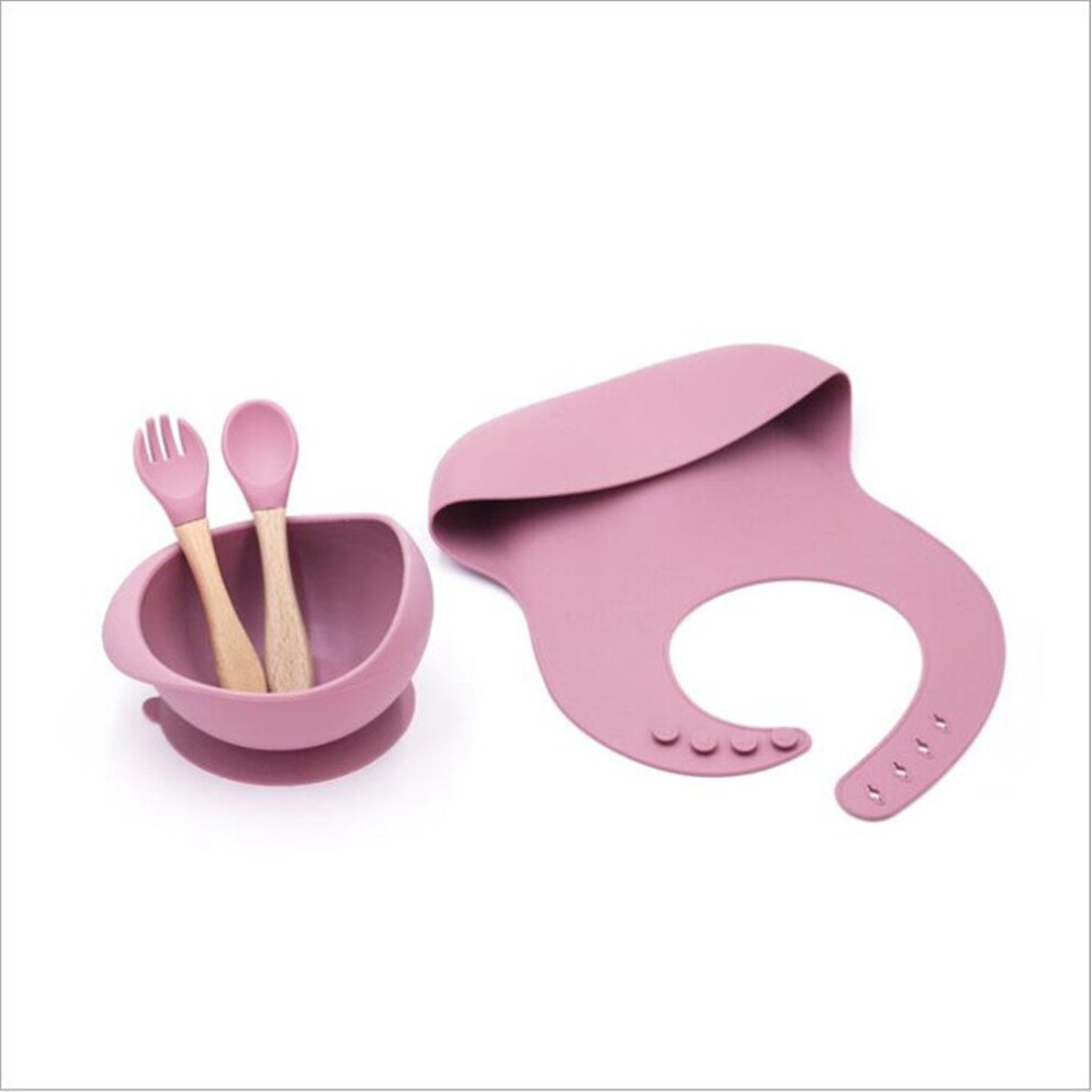 Silicone baby food supplement 4-piece set wooden handle spoon fork bib tableware children training oval bowl set