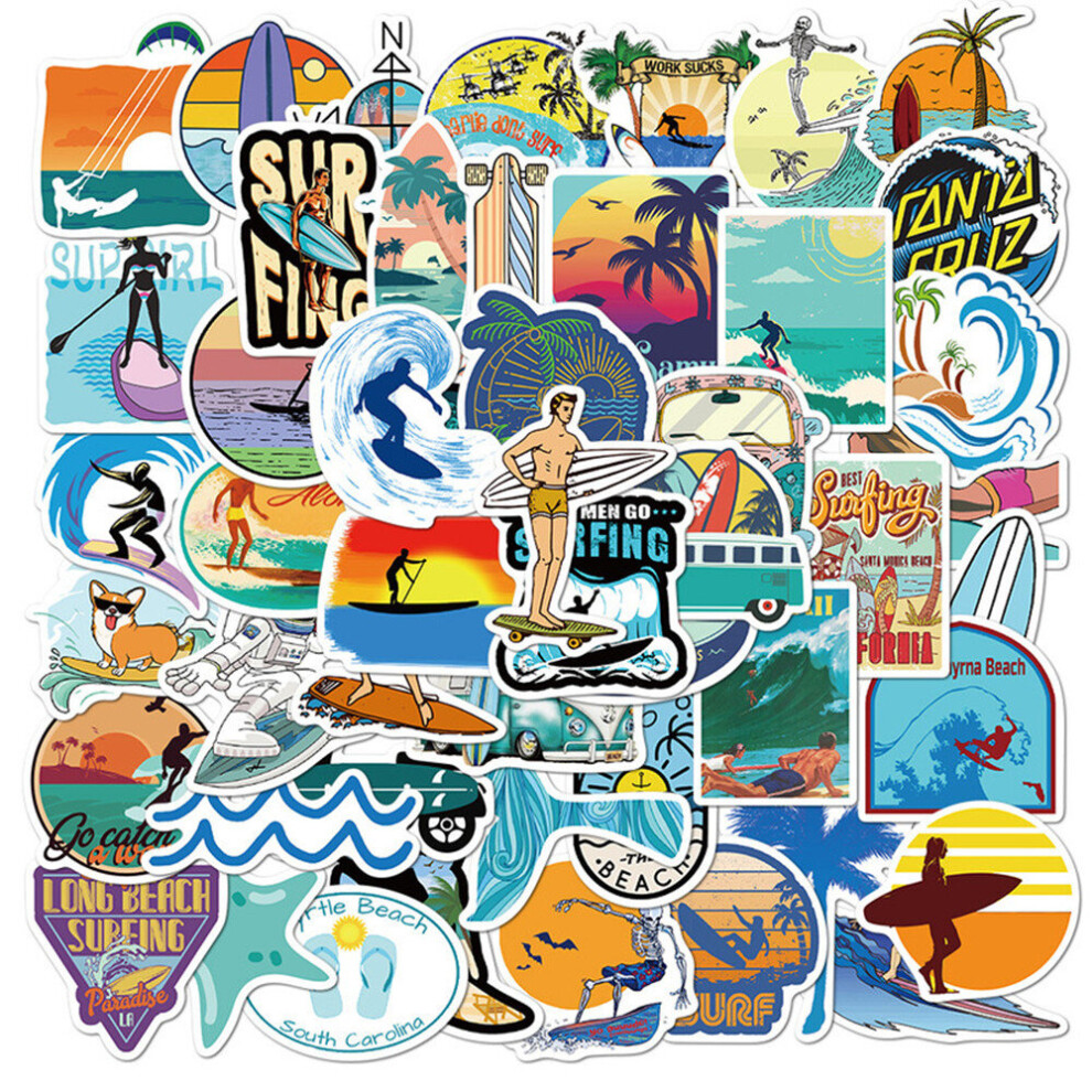 50Pcs/Set Surfing Stickers Summer Sports Tropical Beach Surfing Waterproof Stickers Surfboard Car Skateboard Sticker 774048698481