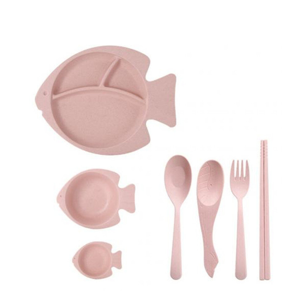 2Set Cartoon Children's Dinner Set Wheat Straw Creative Cartoon Tableware Baby Dish Tray Breakfast Tray Addition Fork and Spoon