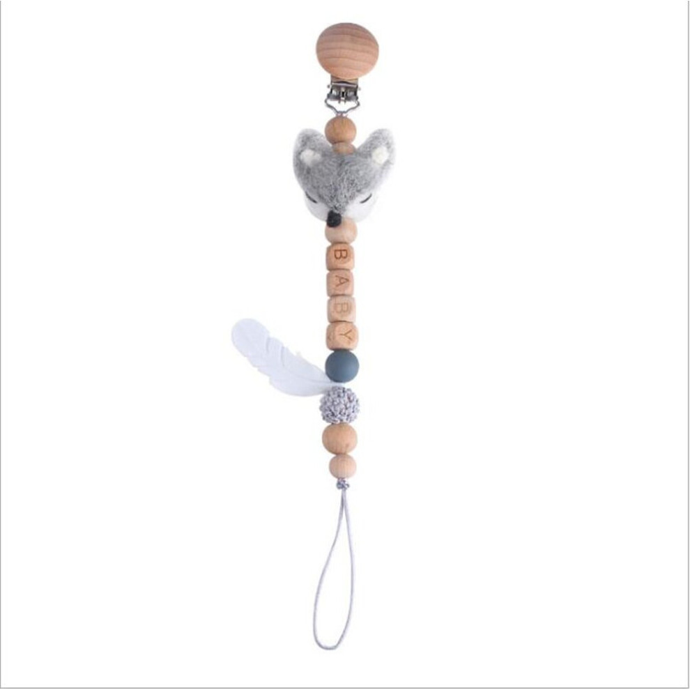 Baby beech wood pacifier clip cartoon fox toy baby soothing silicone feather teether pacifier chain anti-lost chain