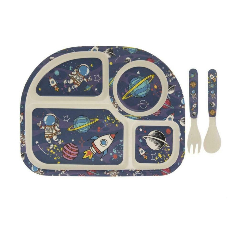 Childrens Bamboo Eco Plate, Fork & Spoon Dinner Set - Spaceman Rocket 3PC