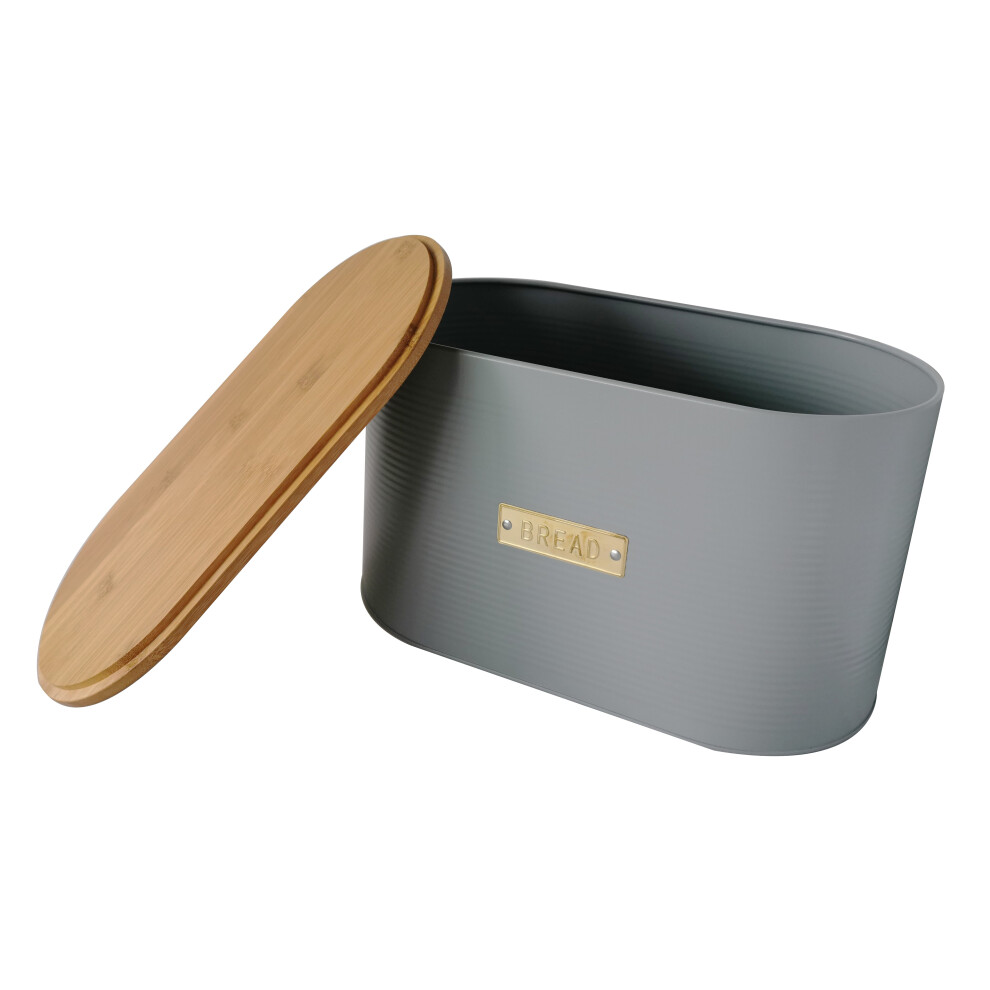 Oval Bread Bin with Bamboo Lid Kitchen Storage Loaf Container - Grey