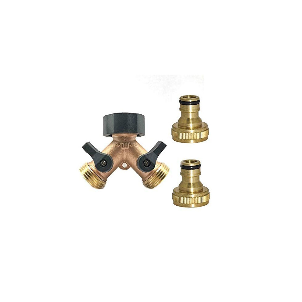 Solid Brass 2-Way Double Outside Tap Adaptor & Hose Connectors 3/4"