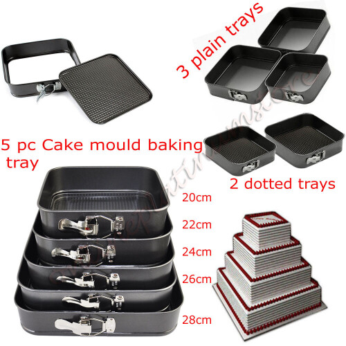 5Pcs Non Stick Square Cake Trays with Removable Base, Spring-Form Quick Release - 20-28cm Set (Black) 1