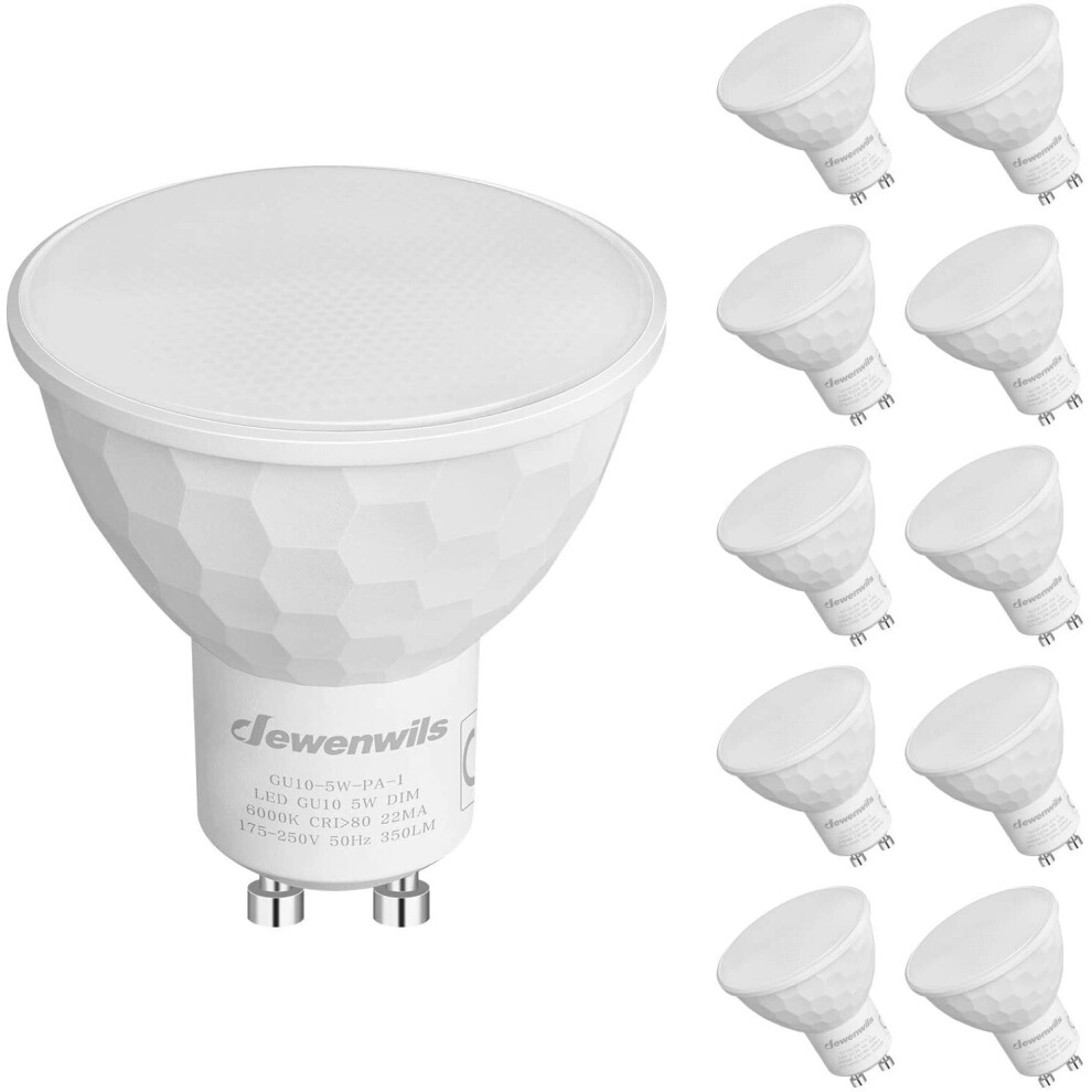 DEWENWILS Dimmable GU10 LED Bulbs, 5W(50W Halogen Replacement), 6000K Cool White, 120 Wide Beam, 350LM Recessed Lighting Bulbs, CRI 80+, 10 Pack, CE