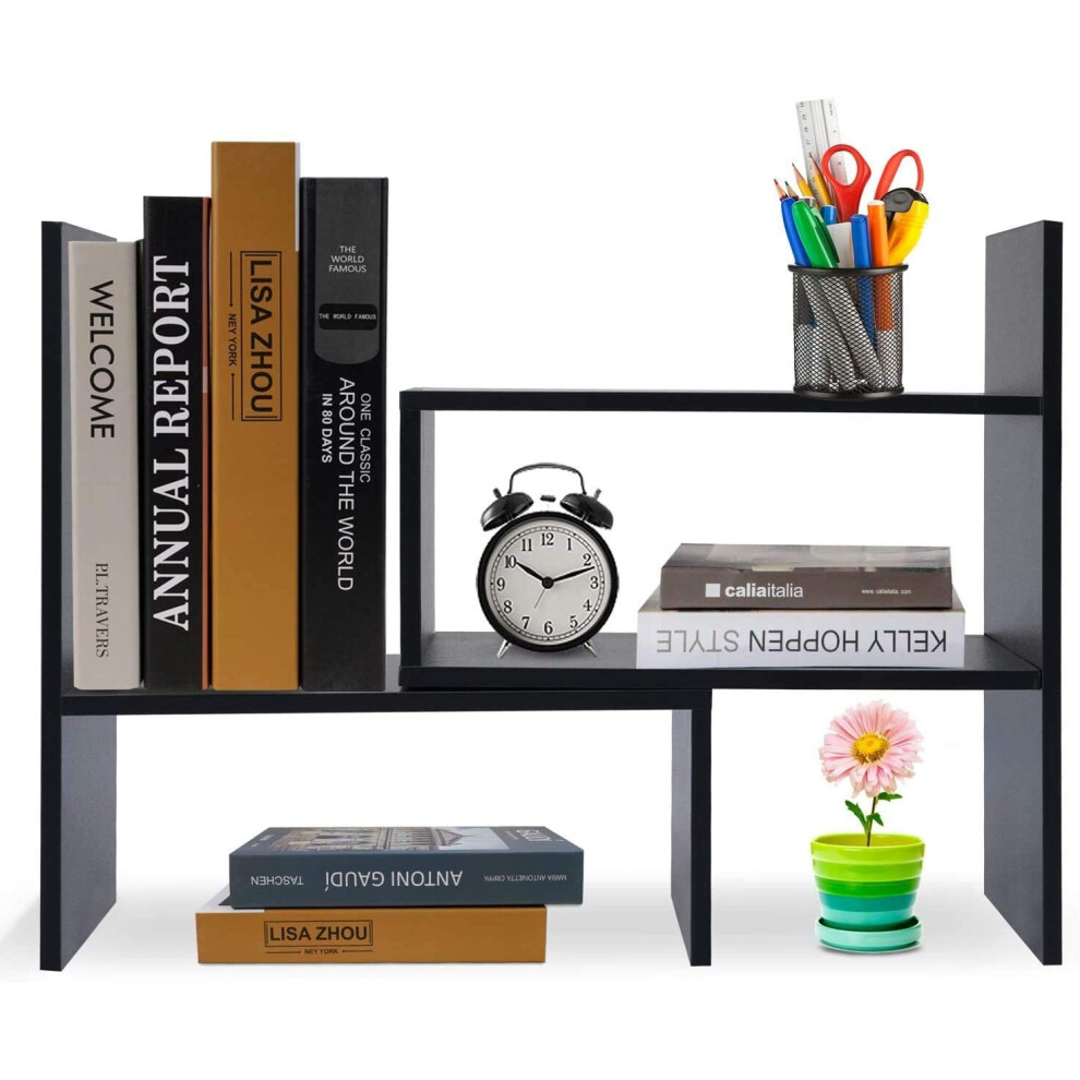 Jingpeng Wood Adjustable Bookshelf Bookcase, Expandable Desktop Storage Organizer Display Shelf Rack, Office Supplies Desk Organizer, Black
