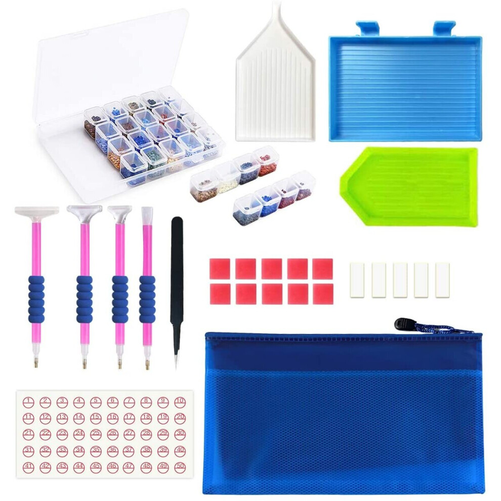 JUSONEY 5D Diamond Painting Kit- 31 Pieces DIY Diamond Painting Accessories Pack with 28 Slots Diamond Embroidery Box Ceramic Tweezers Pens Toolbox fo