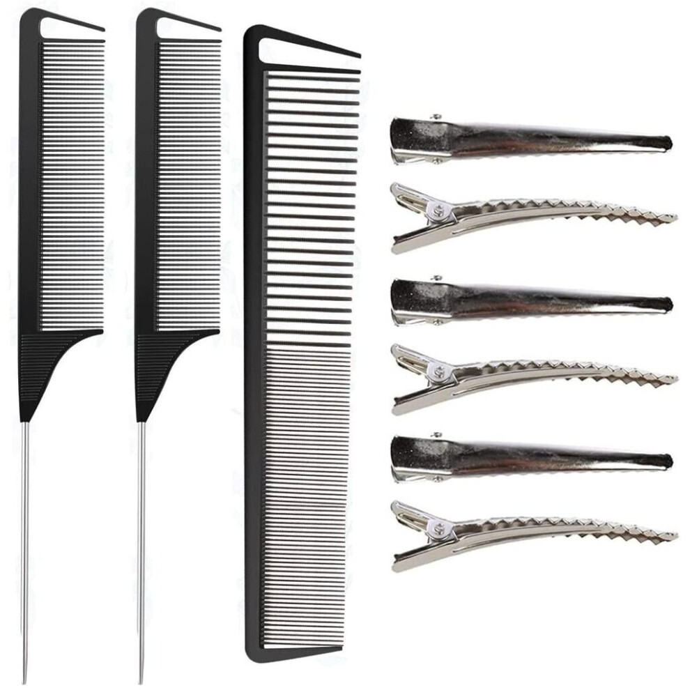 Ruichy Unisex Not,Specified Rat Tail Combs Set, 3 Pack Barber Styling Combs Hairdressing Comb Wide And Fine Teeth Comb Carbon Fiber And Stainless Steel Pintail Comb With 6 Metal