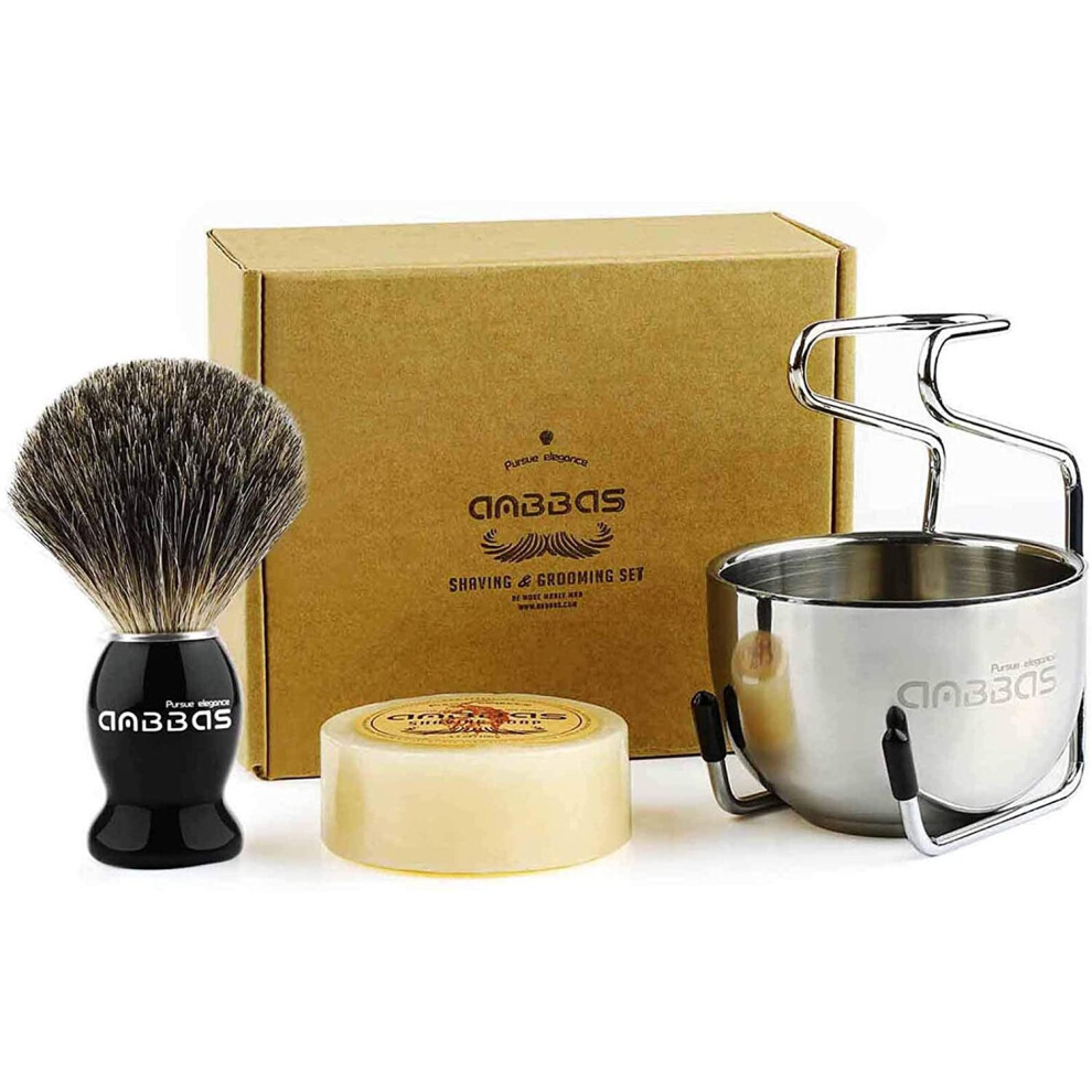Shaving Brush Set,4in1 Anbbas Best Badger Bristles Shaving Brush Black Wood Handle and Goat Milk Soap,Stainless Steel Shaving Stand and Soap Cup Kit P 