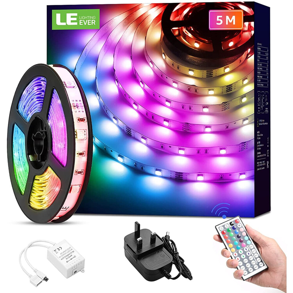 LED Strip Light with Remote 5M, LE Dimmable RGB LED Strips Colour Changing Room Lights, Stick on LED Lights for Bedroom, Kitchen, Kids Room (Plug and