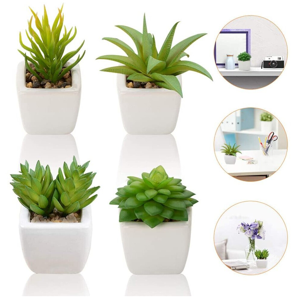 Artificial Succulent Plants, Set of 4 Small Fake Plants Mini Potted Succulent Plants with White Ceramic Pots, Decorative Fuax Plant for Home House Tab