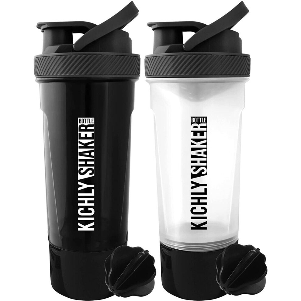 KICHLY (Set of 2) Classic Protein Shaker Bottle (700 ml) with Protein Shaker Ball - Non-Leak Cap with Shaker Cups for Protein Shakes or Supplement