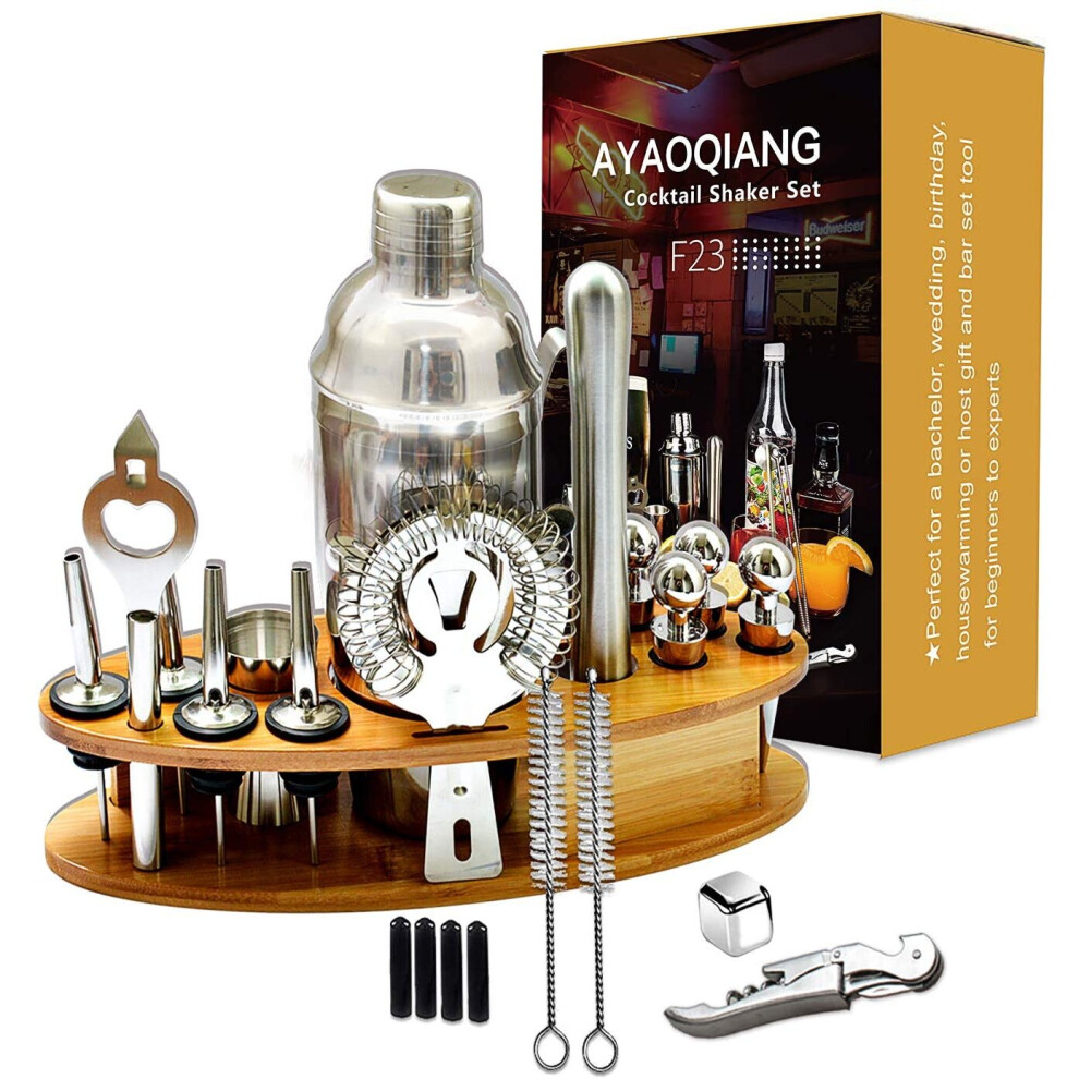 AYAOQIANG Cocktail Mixing Set, 23 Pieces Cocktail Shaker Set for Bartender, 750ml Stainless Steel Bar Tool Kit with Bamboo Display Stand,Kitchen and B