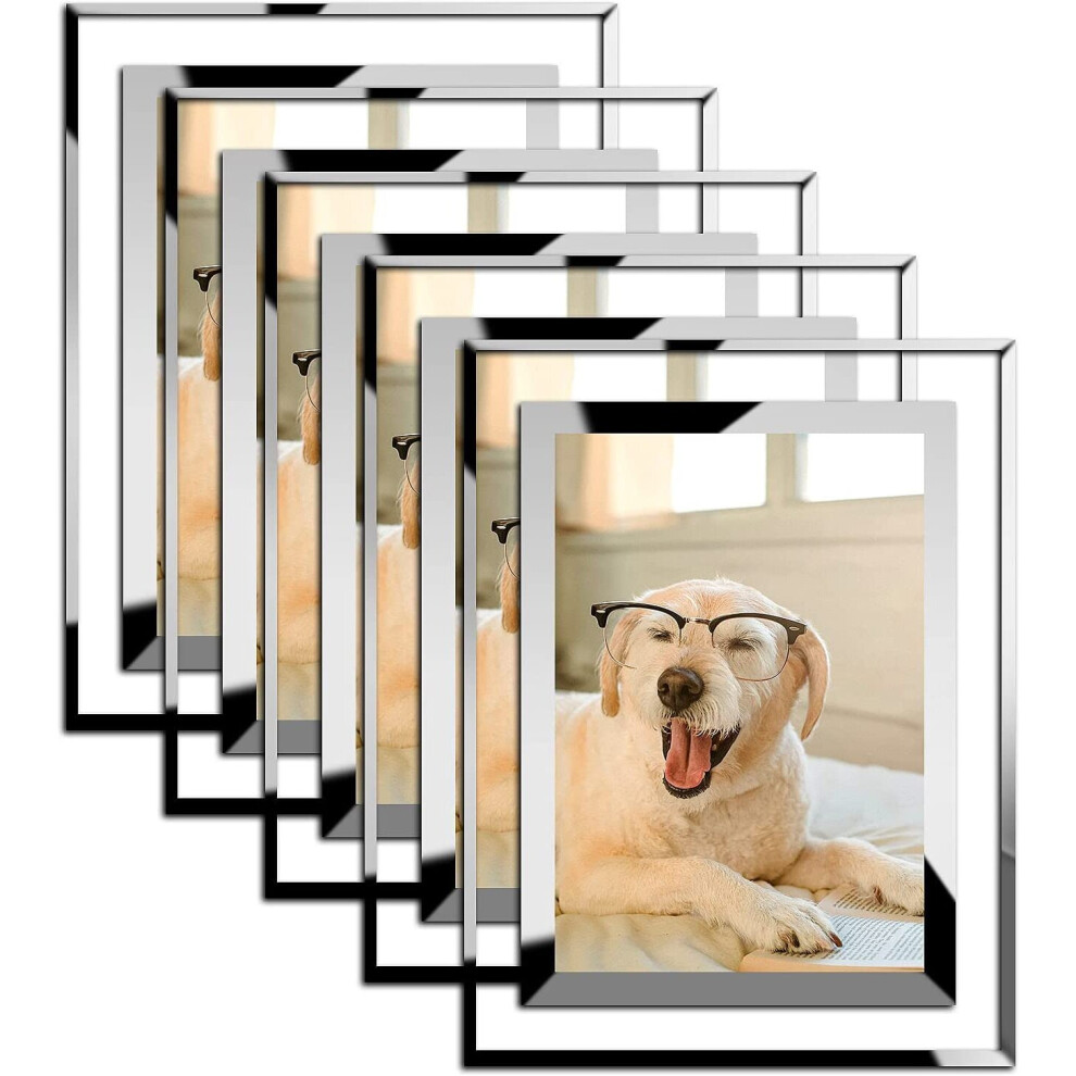 AHUNTTER 5 Pack 6x4 Inches Glass Photo Frames Mirrored Picture Frames Tabletop Display Portrait Landscape Frames Gifts - Silver