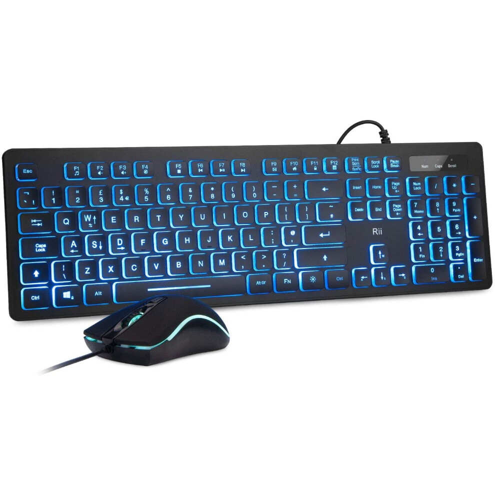 Rii Rk105 Wired Keyboard And Mouse Set,Usb Wired Keyboard And Mouse Combo,Quiet Rgb Backlit Keyboard Mouse Bundle For Office Home,Uk Layout