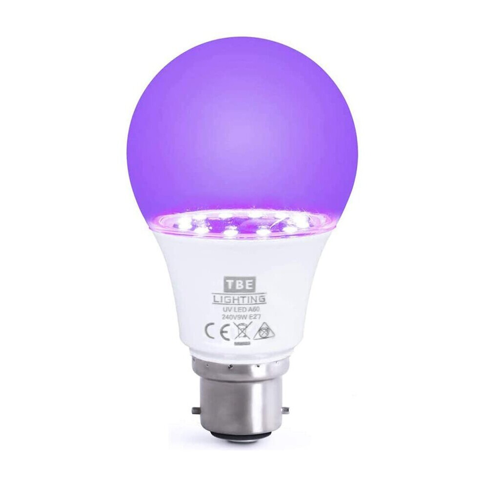 TBE Lighting UV LED Bulb - 9w Ultra Violet Black Light Bulbs - B22 Standard Bayonet Fitting - 395-400nm wavelength, Energy Saving Long Life LED A60 Bu