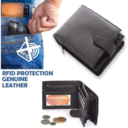 RFID Blocking Mens Soft Leather Wallet with Back Zip Compartment 11cm x 9.5cm x 1.5 cm - Black 1