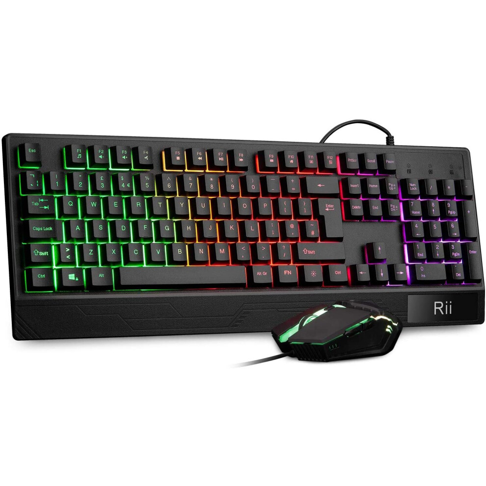 Rii Black Rk400 Rainbow Led Backlit Gaming Keyboard Mouse Combo Bundle Uk Layout