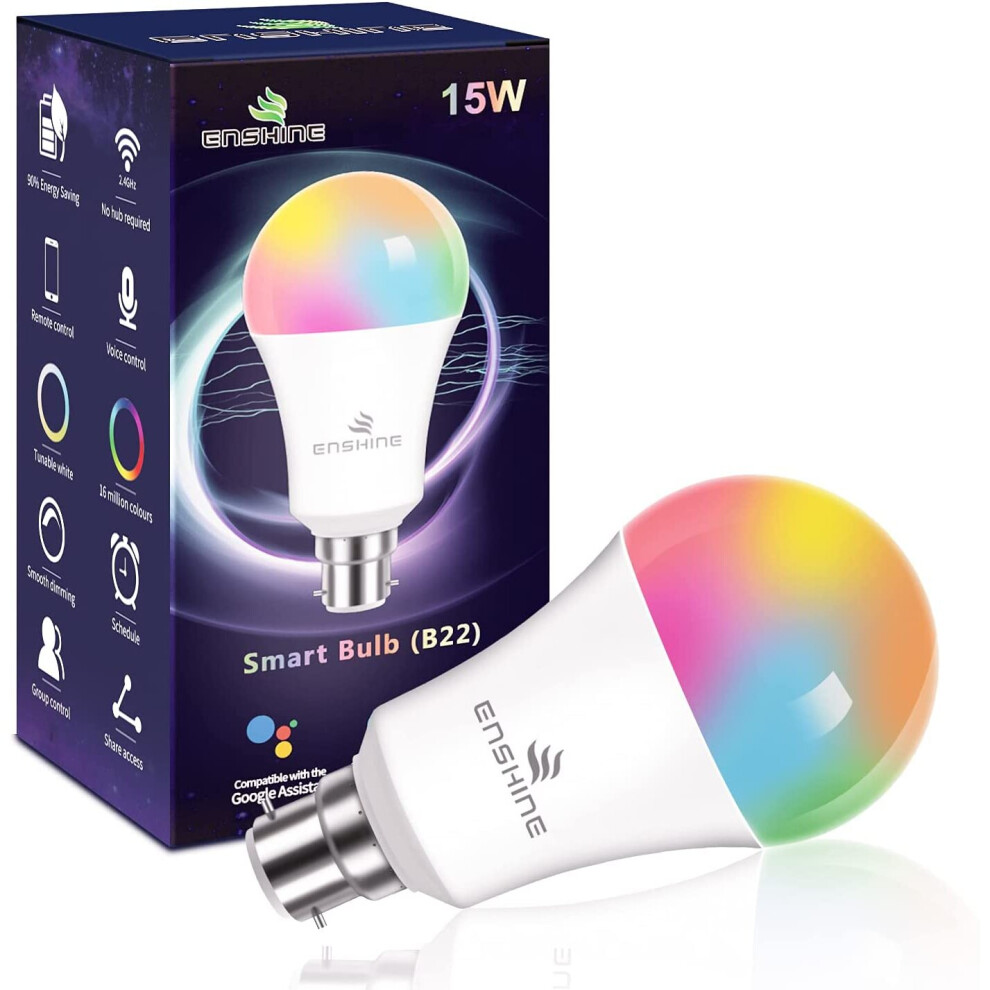 Bayonet Smart Bulb, ENSHINE 15W(100W) WiFi Light Bulbs B22, Colour Changing and Tunable White, Compatible with Alexa and Google Home, 1500 Lumens, Rem