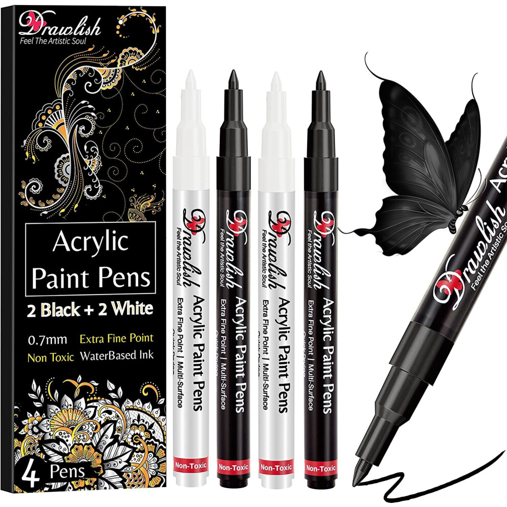 Drawlish Acrylic Paint Pens, Black & White 1 count (Pack of 4), Black, - Image 6