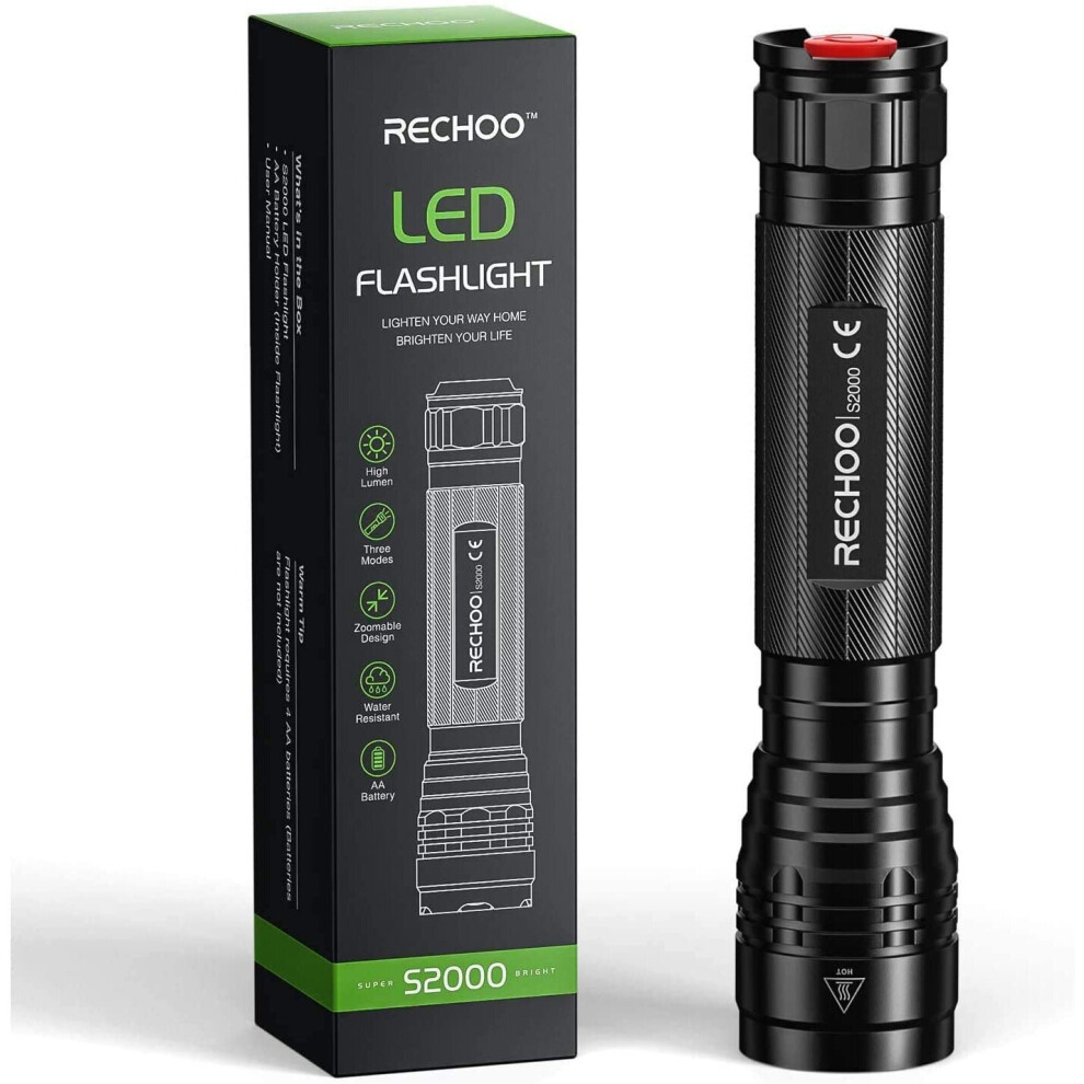 RECHOO LED Torch, 3000 Lumen Super Bright Torches - 3 Modes, Long Working Time, Zoomable and IP67 Waterproof - Powerful Flashlight for Fishing Camping