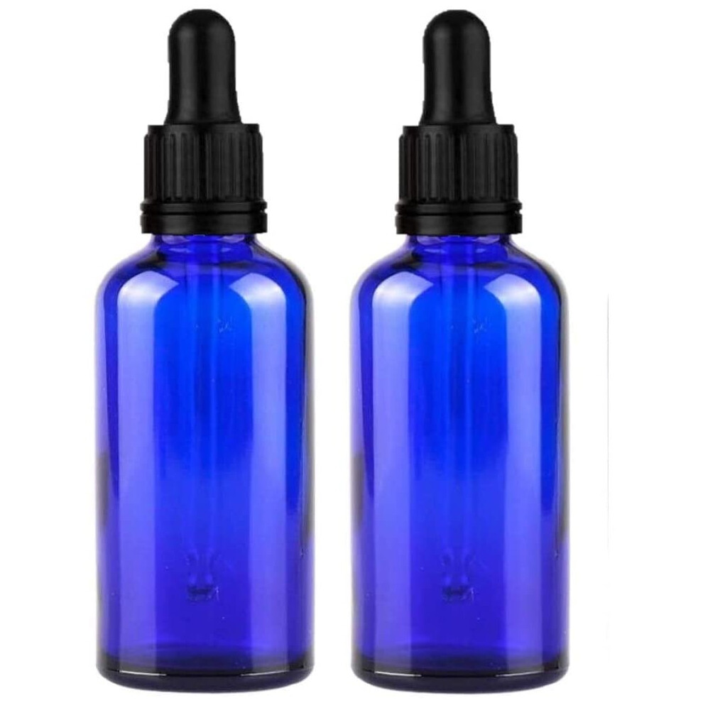 Avalon 50ml Blue Glass Dropper Bottles with Dropper Pipettes - Sold Empty for Essential Oils, Aromatherapy, Fragrance, Travel - Pack 2