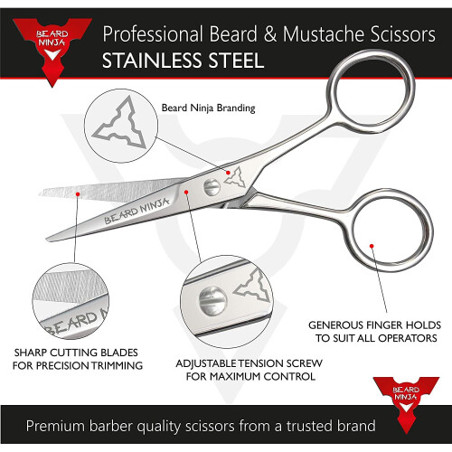 BEARD NINJA - Professional Beard Scissors for Men. Moustache & Beard Trimming Scissors +PU Leather case. Beard Grooming kit. Sharp Scissor - Precise S 1
