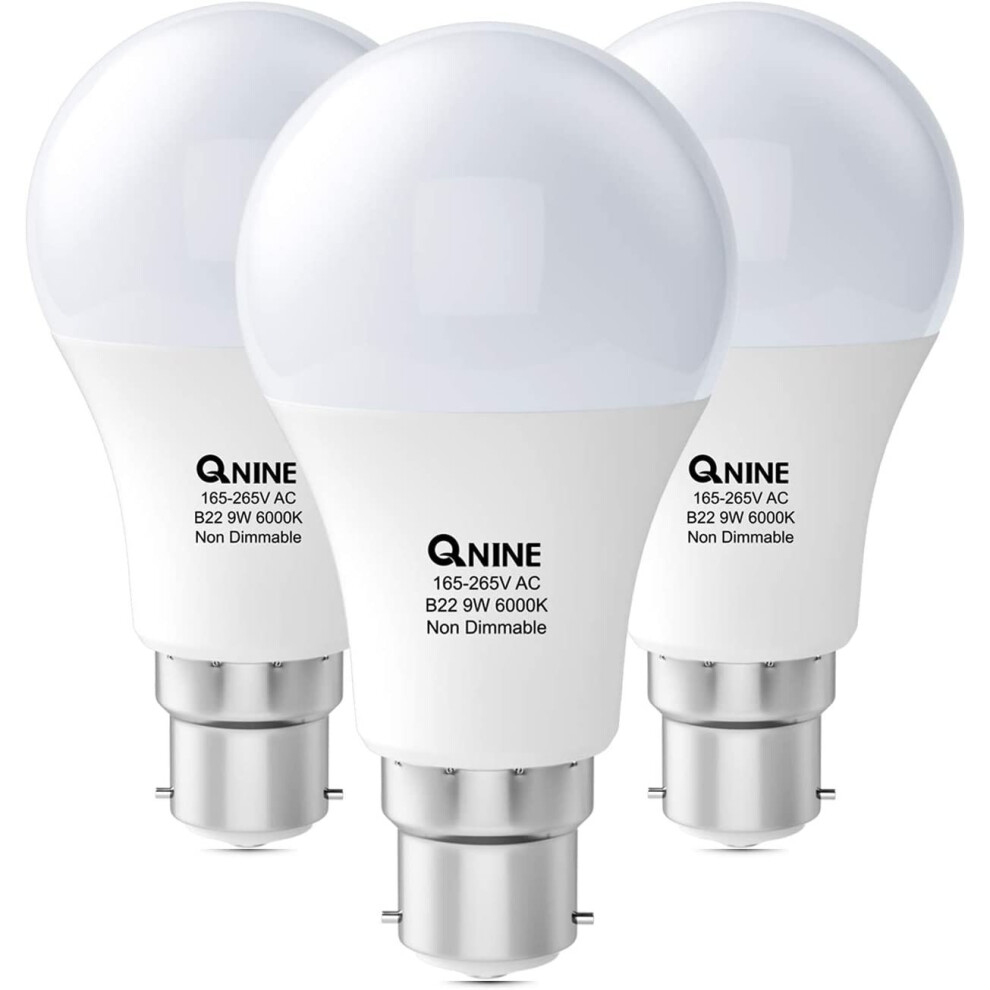 QNINE Cool White Bayonet Light Bulbs, 9W (60W Equivalent), B22 LED Bulb, 6000K, Non-Dimmable, 3-Pack