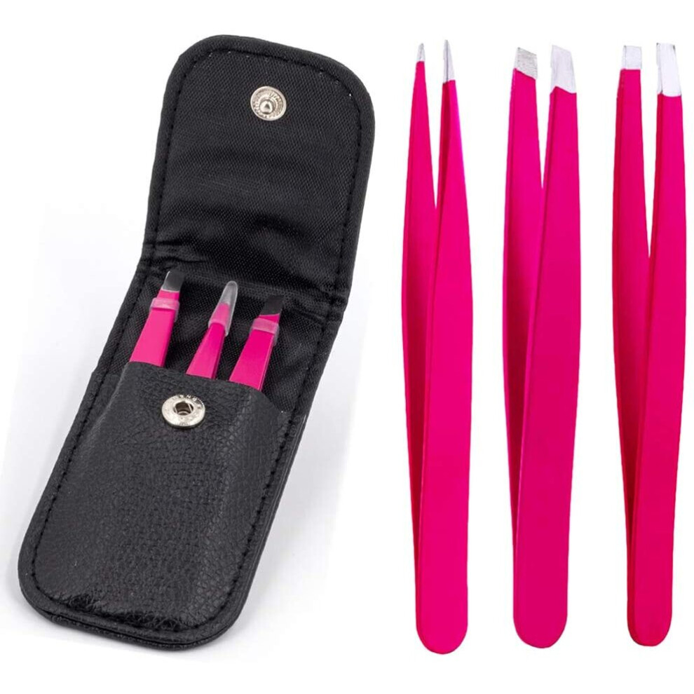 3 Pcs Profeesional Eyebrow Tweezers Set with Leather Storage Pouch, Stainless Steel Precision Tweezers for Eyebrows Plucking, Ingrown Hair Remover and