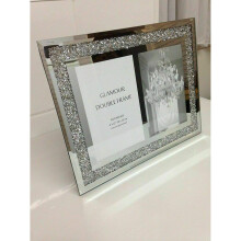 Glass Photo Frame Jewel Mirror Silver Loose Diamante New Crystal Decor Mirror Photo Frame Sparkle Gift Wedding Friends For Desk (Double 4 X 6 Inches)