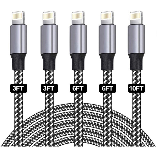 SANYEYE MFi Certified iPhone Charger Cables 5-Pack (3/3/6/6/10FT) Nylon Braided, Fast Charge 2.4A & Data 480Mbps, Aluminum Connector - VHJHB-11223