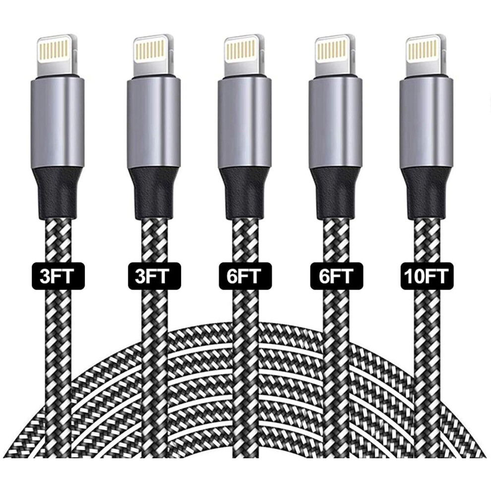 iPhone Charger Cable,SANYEYE MFi Certified [5-Pack 3/3/6/6/10FT] Fast Charger Charging Cable Nylon Braided with Metal Connector for iPhone 12/11/Pro/X