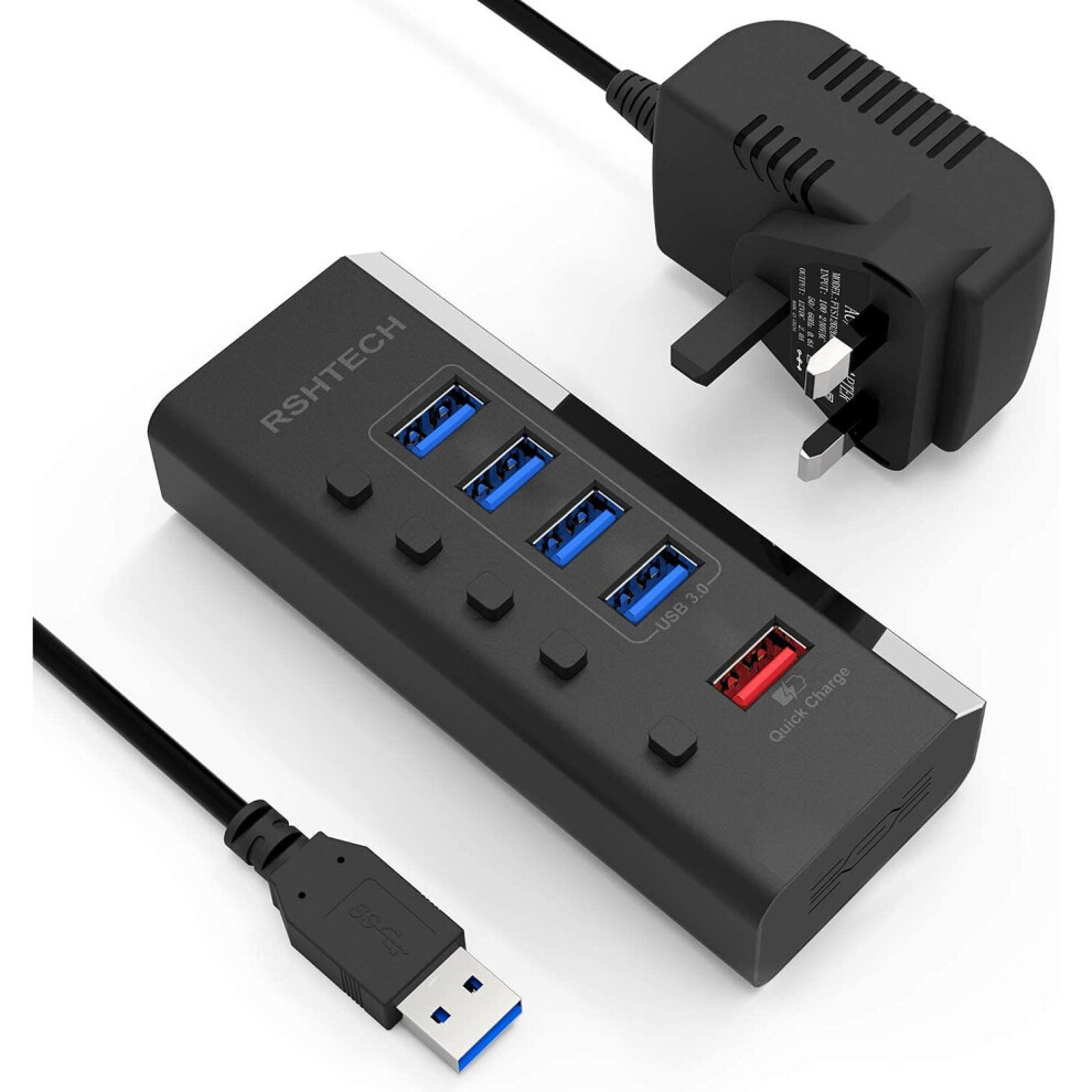 Powered Usb Hub Rshtech 5 Port Usb 3 Hub With 4 Usb 3.0 Data Port + 1 Fast Charging Port Portable Usb Splitter With 12V/2A Power Supply (Rsh-A35, Blac 6934728666320