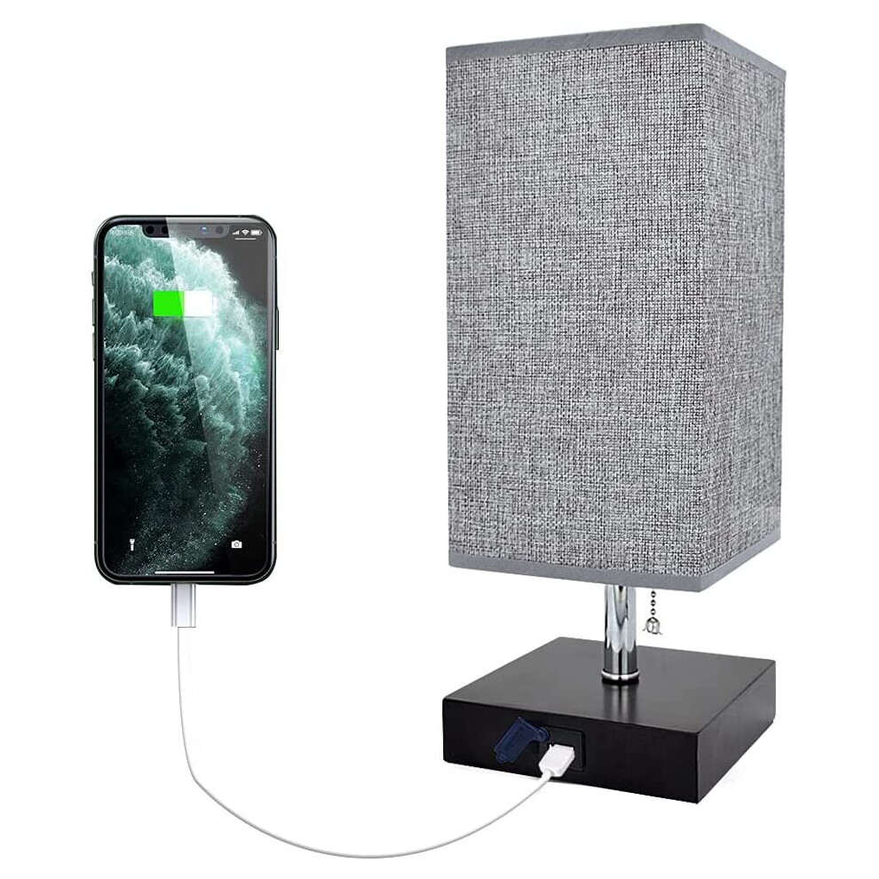 Square Bedside Table Lamp (LED Bulb Included) with USB Charging Port,Wooden Desk Lamp (Grey Fabric Shade) for Bedroom,Living Room,Coffee Room,Kids,War