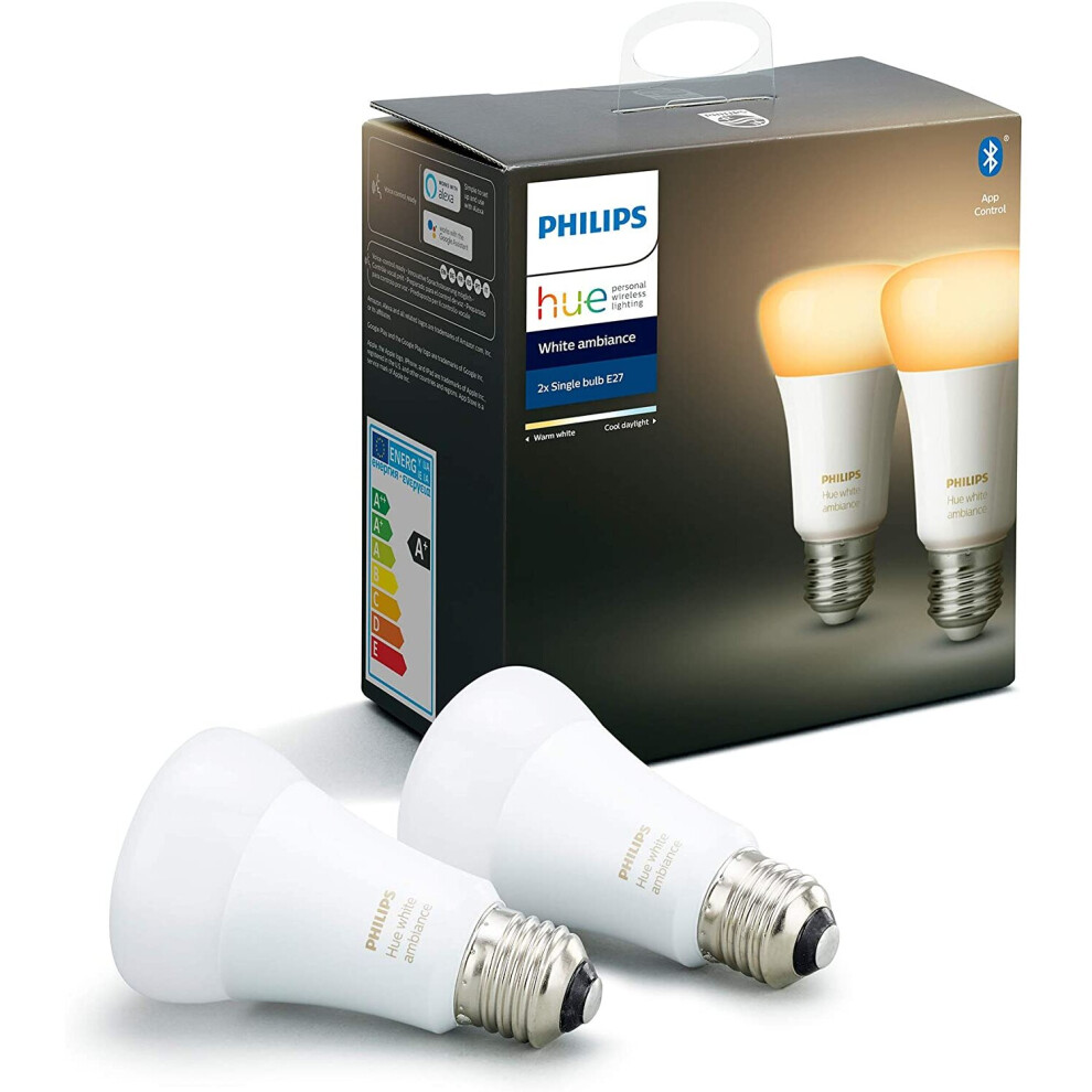 Philips Hue White Ambiance Smart LED Bulb Twin Pack [E27 Edison Screw] with Bluetooth, Works with Alexa, Google Assistant, and Apple Homekit, 8.5W = 6