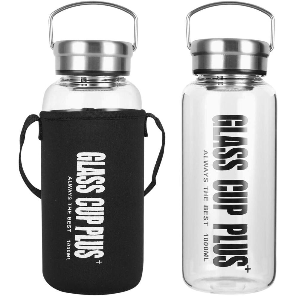 Glass Water Bottle 1 Litre, Sports Cold Water Bottle, LeakProof BPA-Free Borosilicate Wide Mouth Drinking Bottle with Stainless Lid, Strainer, Neopren