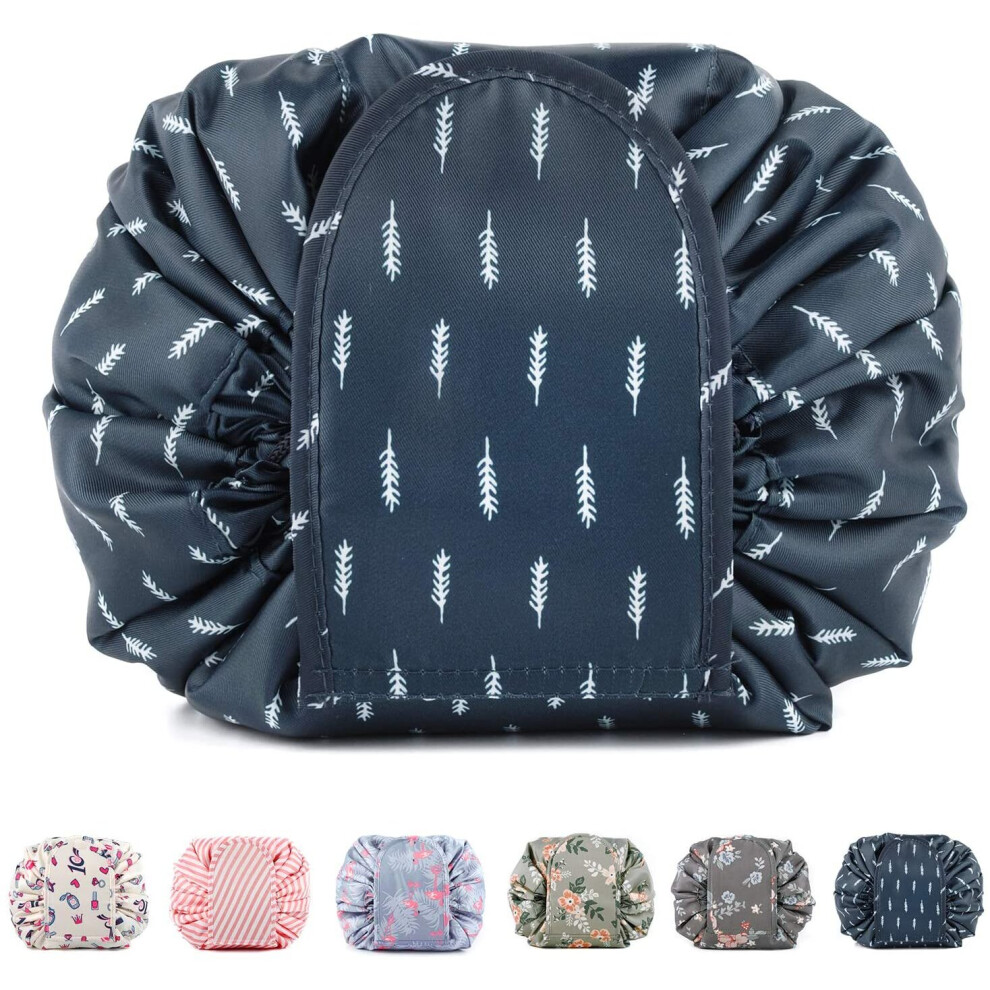 (Blue Feather) Lazy Drawstring Make up Bag Portable Large Travel Cosmetic Bag